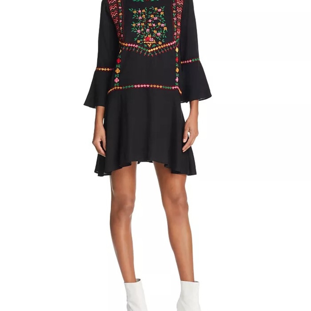 Joie Gosinda Dress. Embroidered bell sleeve mini dress in black - large